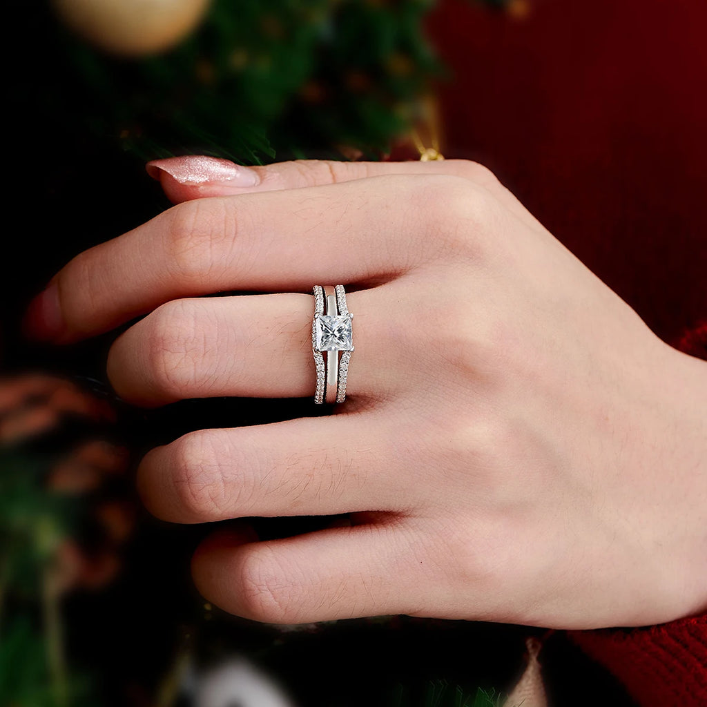 Newshe 925 Silver Rings for Women Luxury Jewelry Solitaire Princess Cut CZ Engagement Ring with Enhancer Wedding Bands